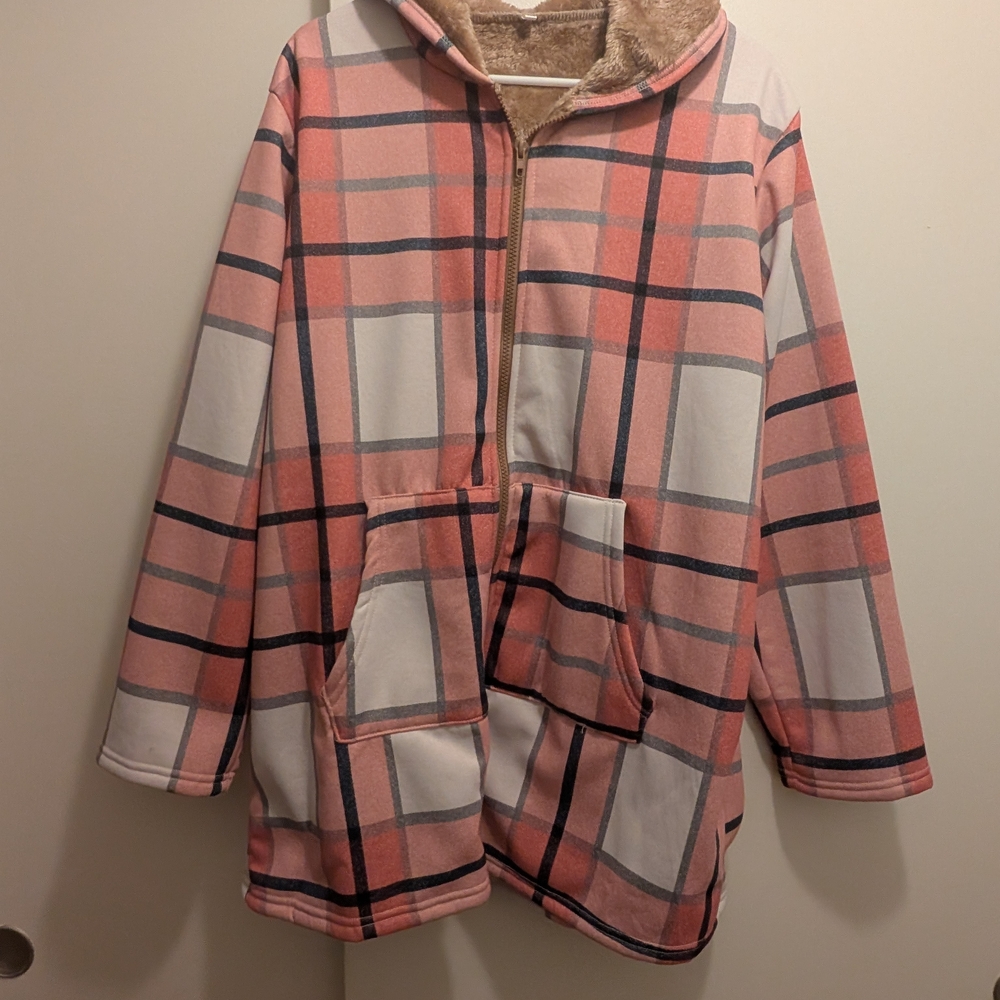 SHEIN Pink and White Plaid Teddy Jacket